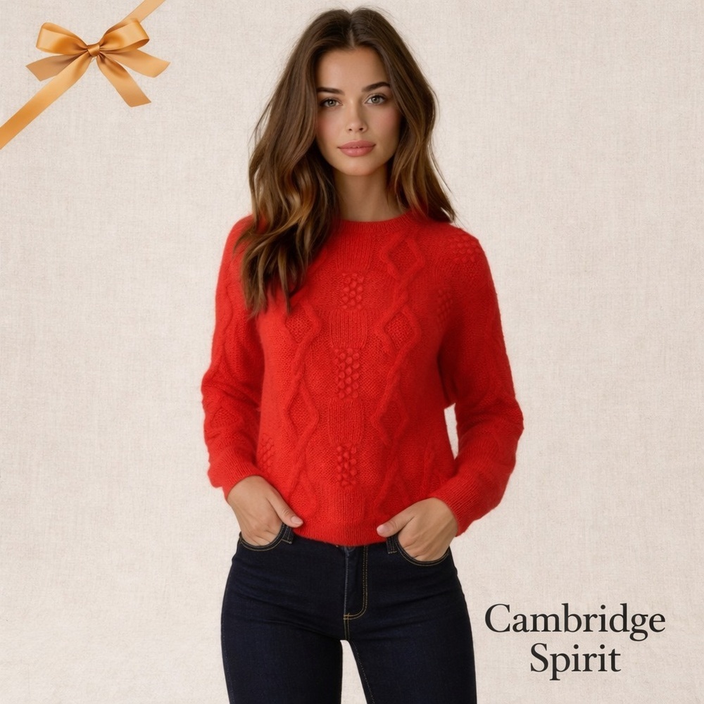 Cambridge Spirit Cabled Sweater Red Shetland Wool Sz S
